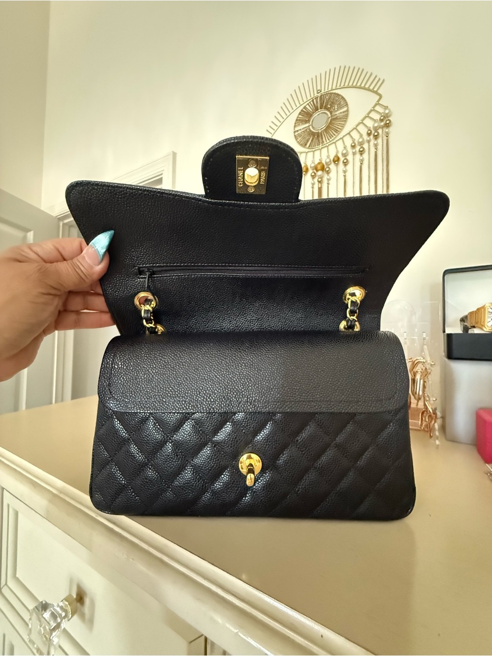 Black Quilted Caviar Leather Shoulder Bag with Shiny Gold Hardware - Picture 6 of 14